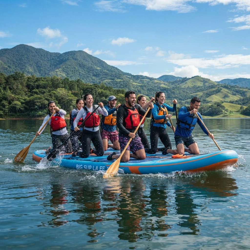 Equipo remando sincronizado sobre tabla Big SUP XXL